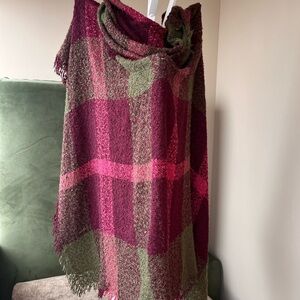 Cozy Pink and Olive Plaid Fringe Shawl
